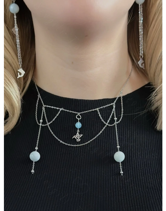 Aquamarin Doğal Taşlı Çocuk Çelik Kolye -Deniz Serisi