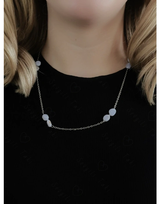 Aquamarin ve Kalsedon Doğal Taşlı Çelik Kolye | Vishuddha Serisi