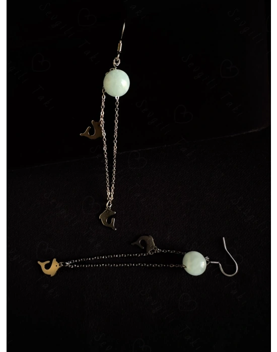 Aquamarin Doğal Taşlı Balina Charmlı Çelik Küpe-Vishuddha Serisi