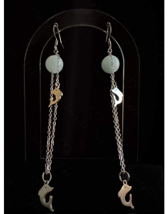 Aquamarin Doğal Taşlı Balina Charmlı Çelik Küpe-Vishuddha Serisi