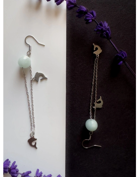 Aquamarin Doğal Taşlı Balina Charmlı Çelik Küpe-Vishuddha Serisi