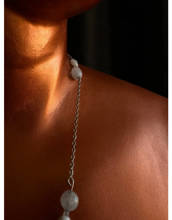 Aquamarin ve Kalsedon Doğal Taşlı Çelik Kolye | Vishuddha Serisi