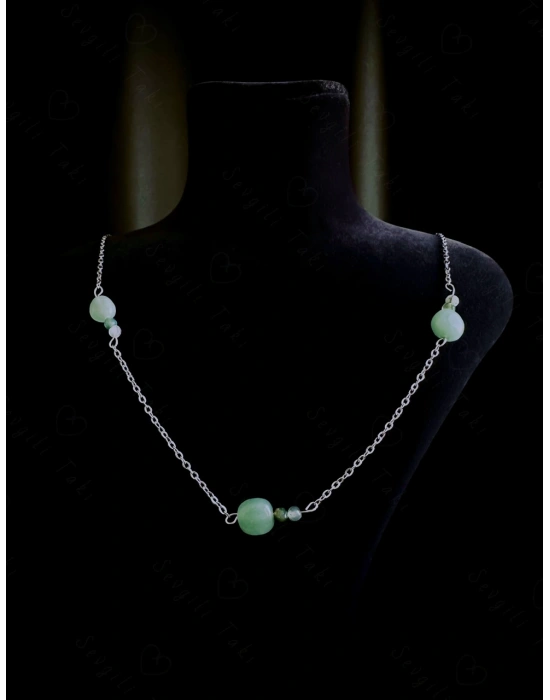 Aventurin ve Akik Doğal Taşlı Çelik Kolye | Bereket Serisi