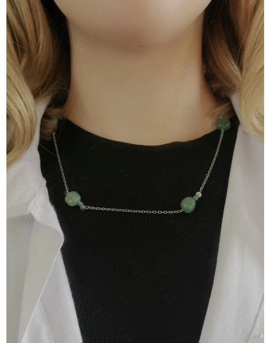 Aventurin ve Akik Doğal Taşlı Çelik Kolye | Bereket Serisi