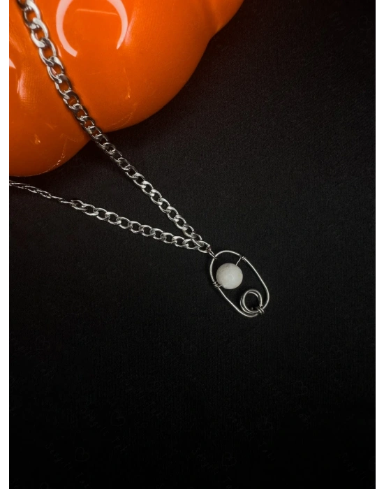 Ay Doğal Taşlı Çelik Kolye -Ay Serisi