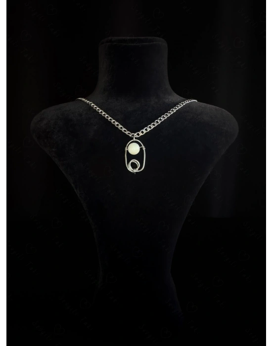 Ay Doğal Taşlı Çelik Kolye -Ay Serisi