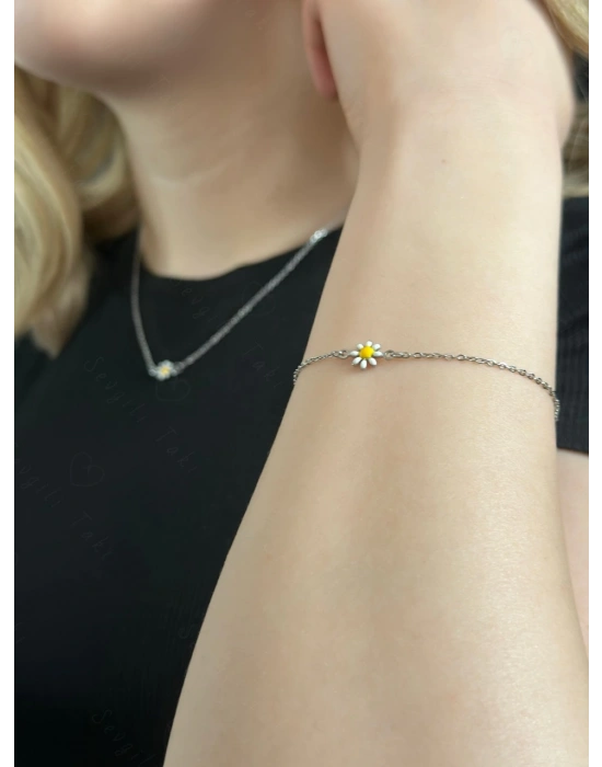 Beyaz Papatya Charmlı Çelik Kolye ve Bileklik Takımı | Mutluluk Serisi