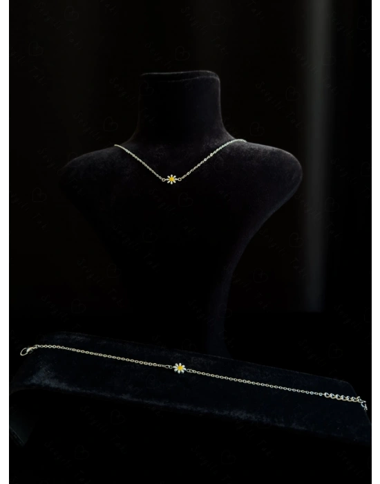 Beyaz Papatya Charmlı Çelik Kolye ve Bileklik Takımı | Mutluluk Serisi