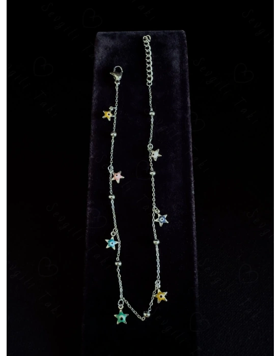 Renkli Yıldız Charmlı Çelik Halhal | Vega Serisi