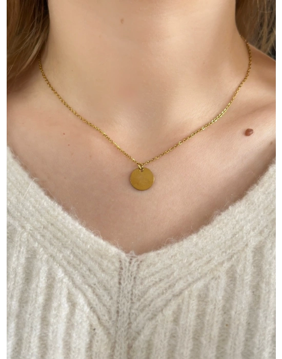 Oval Charmlı Gold Çelik Kolye -Karma Serisi