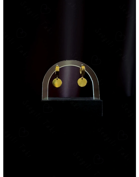 Oval Charmlı Gold Çelik Küpe -Kuzey Serisi