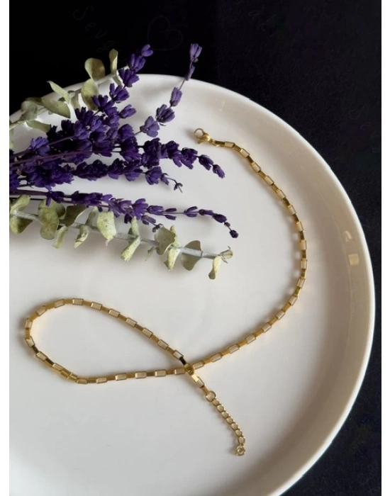 Dikdörtgen Zincirli Gold Choker Çelik Kolye | Choker Serisi