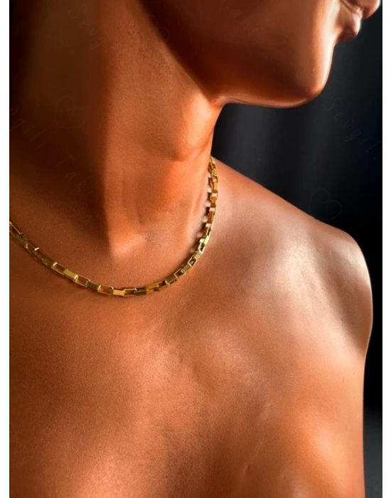 Dikdörtgen Zincirli Gold Choker Çelik Kolye | Choker Serisi
