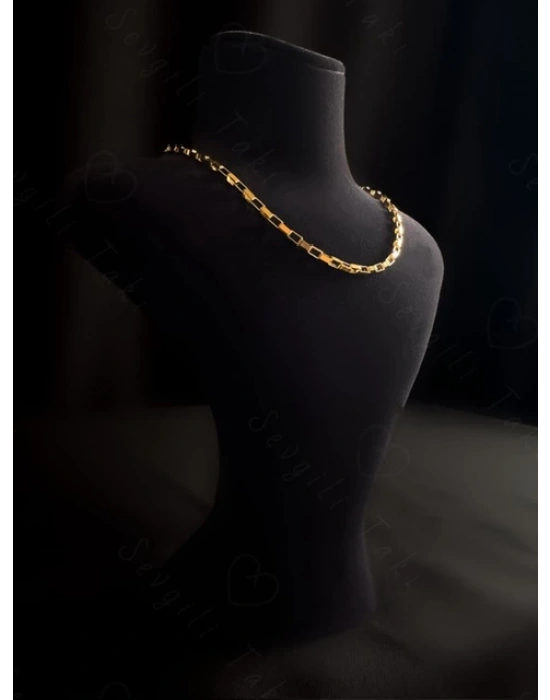 Dikdörtgen Zincirli Gold Choker Çelik Kolye | Choker Serisi