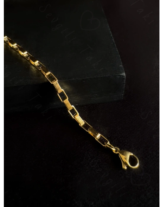 Dikdörtgen Zincirli Gold Çocuk Çelik Bileklik | 777 Serisi