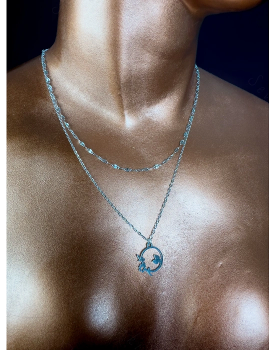 Lip(Dudak) Zincirli Çiçek Motifli Çelik Kolye | Sevgili Takı Koleksiyonu