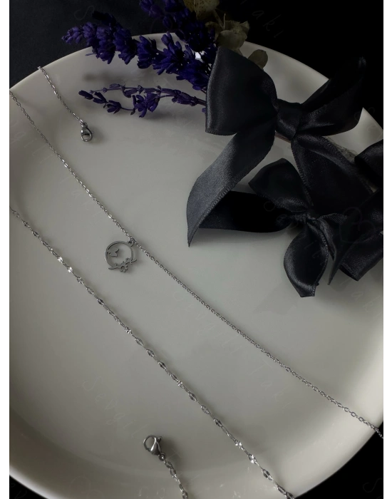 Lip(Dudak) Zincirli Çiçek Motifli Çelik Kolye | Sevgili Takı Koleksiyonu