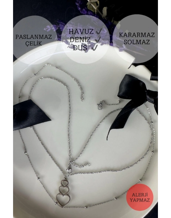 Dönmeli ve Toplu Zincirli Üçlü Kalp Charmlı Çelik Kolye | Vera Serisi
