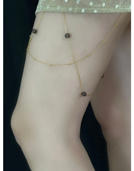 Dumanlı Kuvars Doğal Taşlı Çelik Zincir Bacak Takısı -777 Serisi