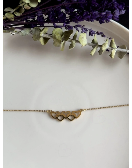 İç İçe Kalp Charmlı Gold Çelik Kolye | Mia Serisi