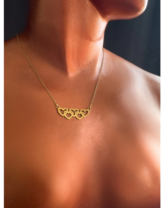 İç İçe Kalp Charmlı Gold Çelik Kolye | Mia Serisi