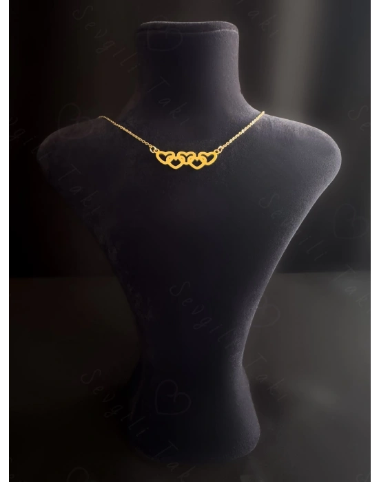 İç İçe Kalp Charmlı Gold Çelik Kolye | Mia Serisi