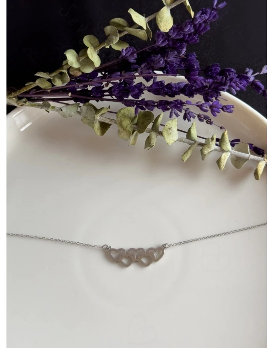 İç İçe Kalp Charmlı Silver Çelik Kolye | Mia Serisi