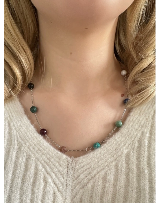 Gezegen Doğal Taş Çelik Kolye -Sevgili Takı Koleksiyonu