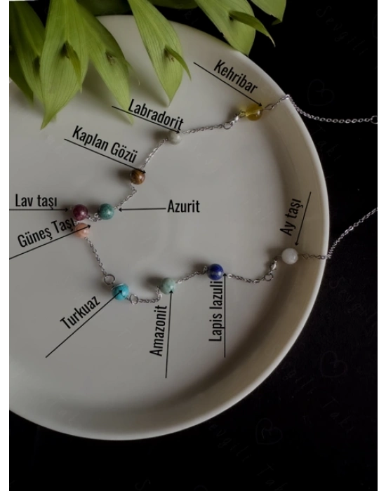 Gezegen Doğal Taş Çelik Kolye -Sevgili Takı Koleksiyonu