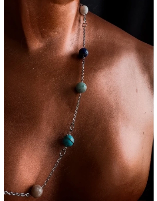 Gezegen Doğal Taş Çelik Kolye -Sevgili Takı Koleksiyonu