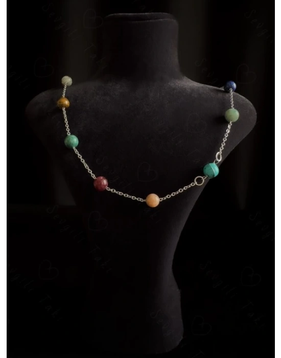 Gezegen Doğal Taş Çelik Kolye -Sevgili Takı Koleksiyonu