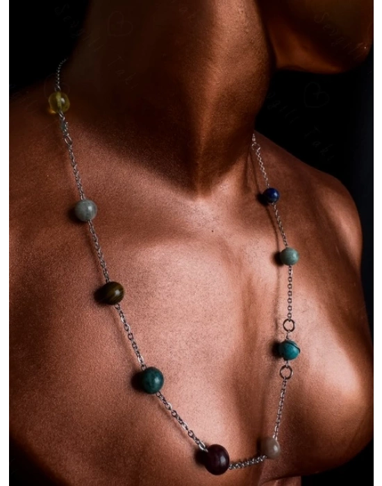 Gezegen Doğal Taş Çelik Kolye -Sevgili Takı Koleksiyonu