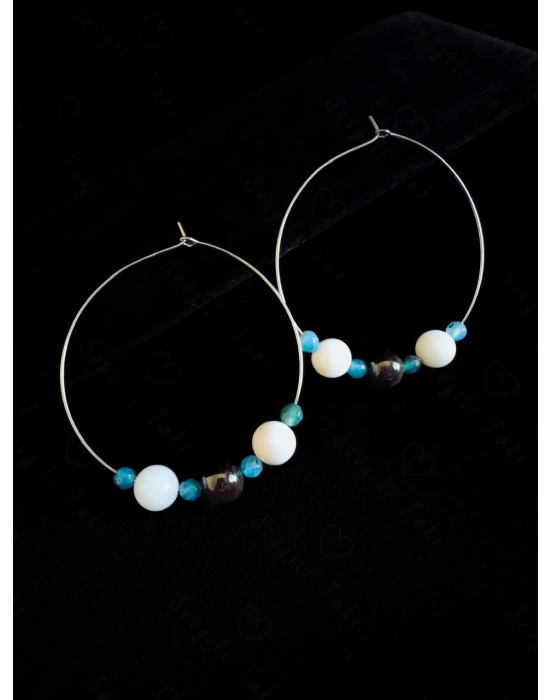 Granat, Akik ve Ay Doğal Taşlı Çelik Küpe -Sevgili Takı Koleksiyonu