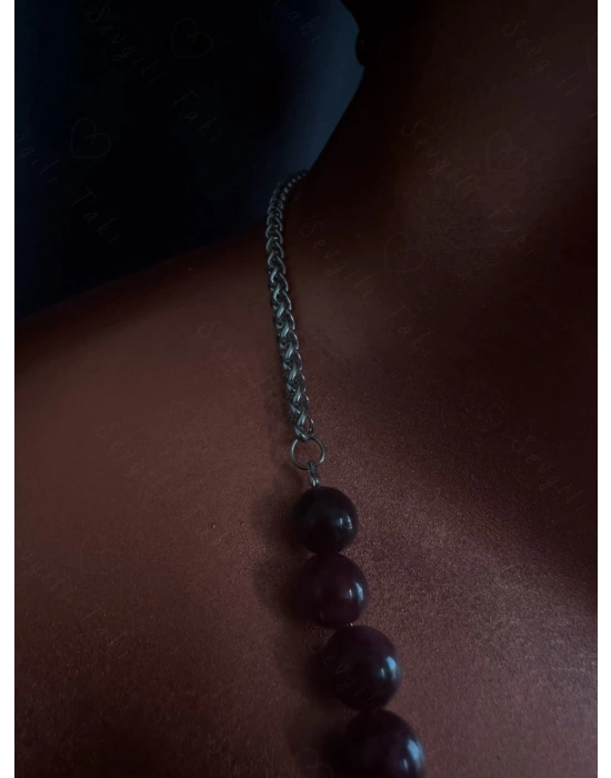 Granat Doğal Taşlı Çelik Kolye -Pure Serisi