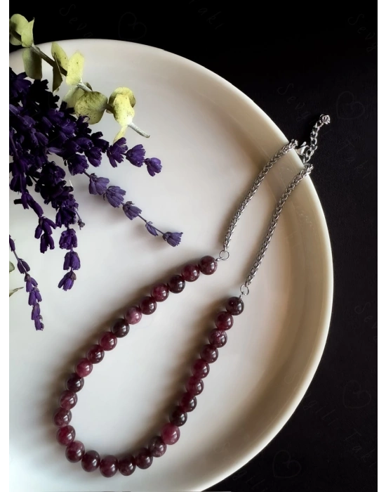 Granat Doğal Taşlı Çelik Kolye -Pure Serisi