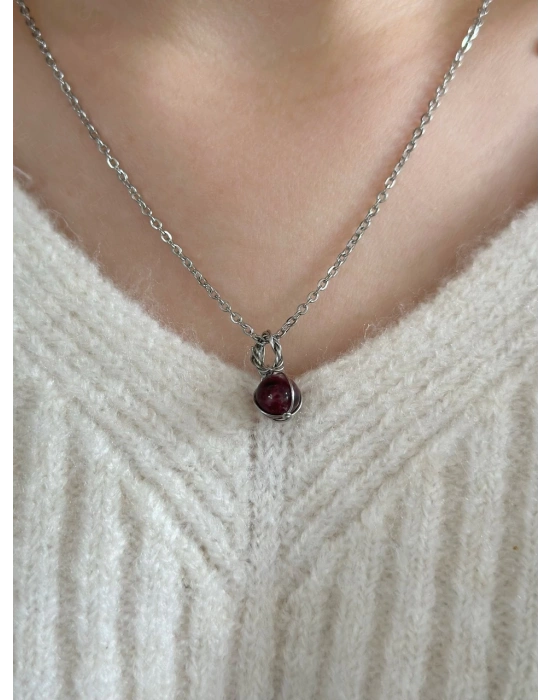 Granat Doğal Taşlı Çelik Kolye -Sirius Serisi