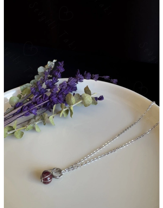 Granat Doğal Taşlı Çelik Kolye -Sirius Serisi