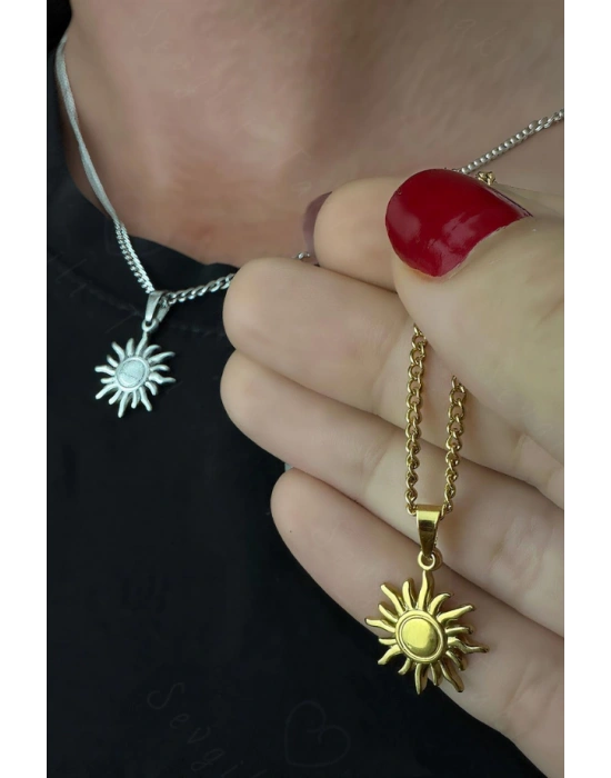 Güneş Charmlı Düz Model Çelik Zincir Çift Kolyesi | Eclipse Serisi