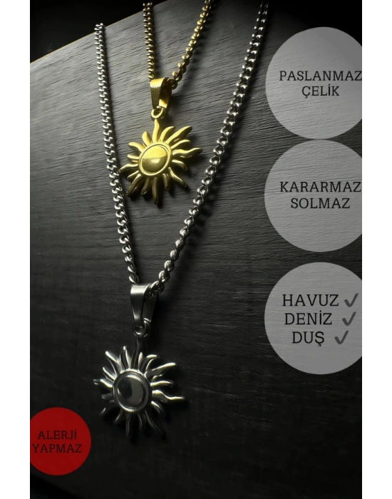 Güneş Charmlı Düz Model Çelik Zincir Çift Kolyesi | Eclipse Serisi