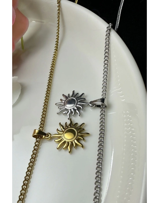 Güneş Charmlı Düz Model Çelik Zincir Çift Kolyesi | Eclipse Serisi