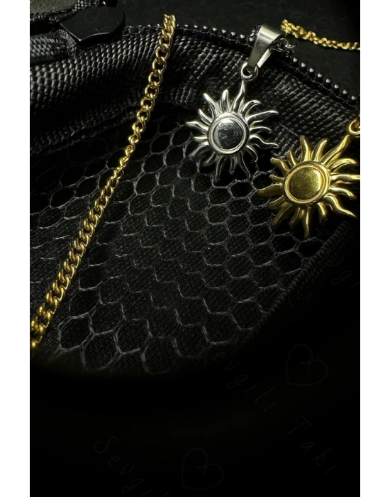 Güneş Charmlı Düz Model Çelik Zincir Çift Kolyesi | Eclipse Serisi