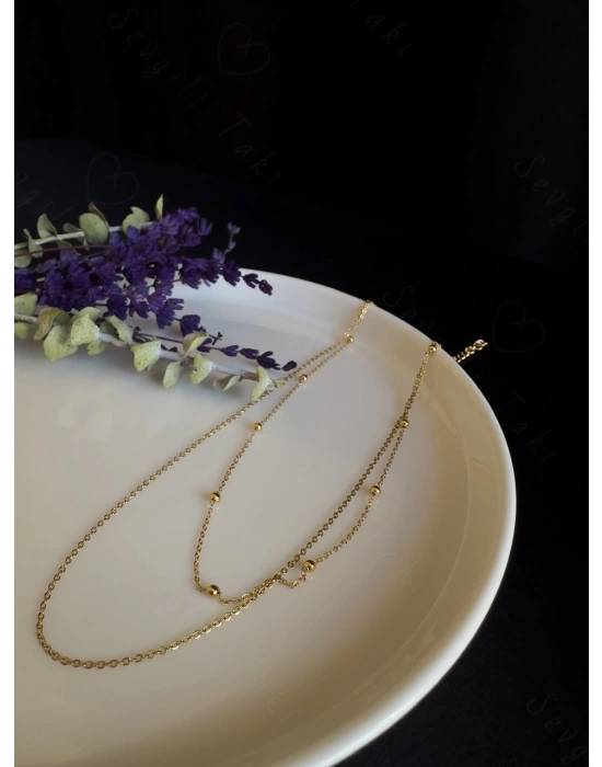 İkili Gold Zincir Choker Çelik Kolye -Vega Serisi