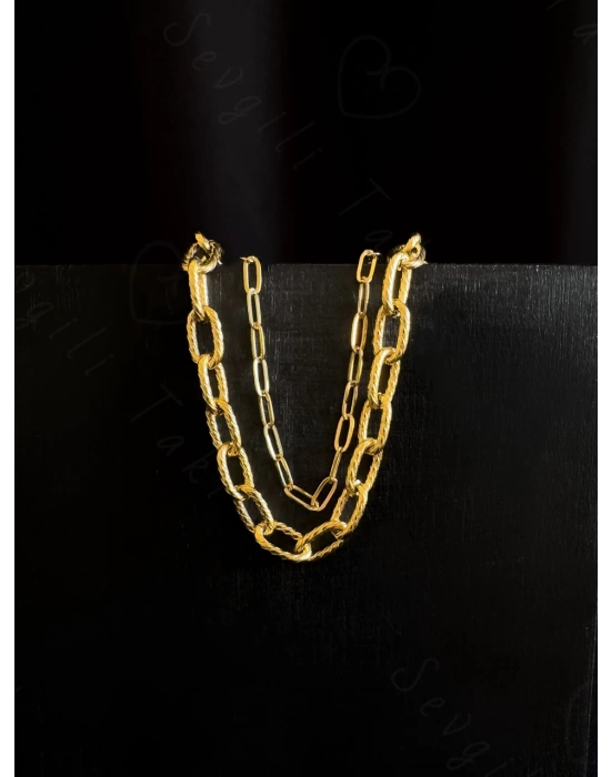 İkili Paperclip (Ataş) Gold Çelik Zincir Bileklik | MeToo Serisi