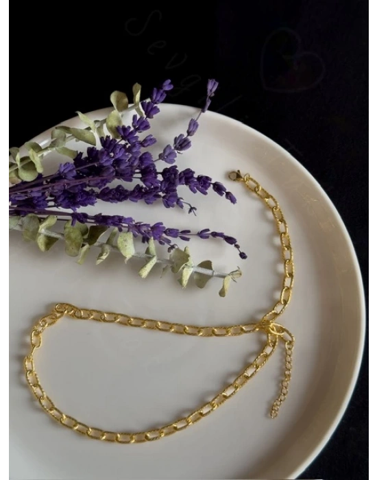 Kabartma Zincirli Gold Çelik Kolye | Terapi Serisi