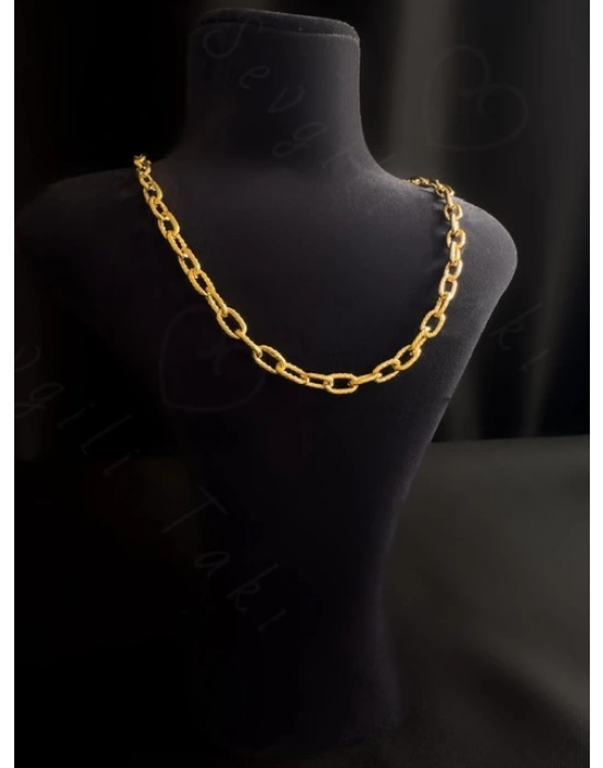 Kabartma Zincirli Gold Çelik Kolye | Terapi Serisi