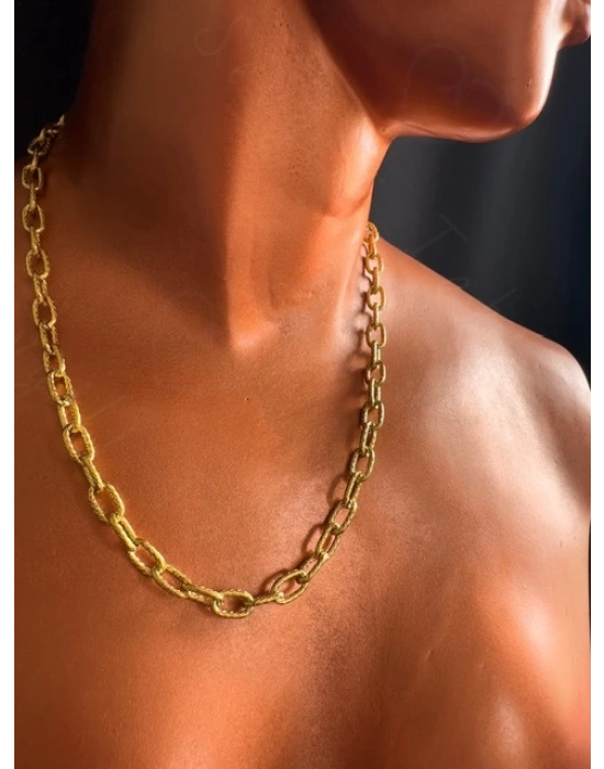 Kabartma Zincirli Gold Çelik Kolye | Terapi Serisi