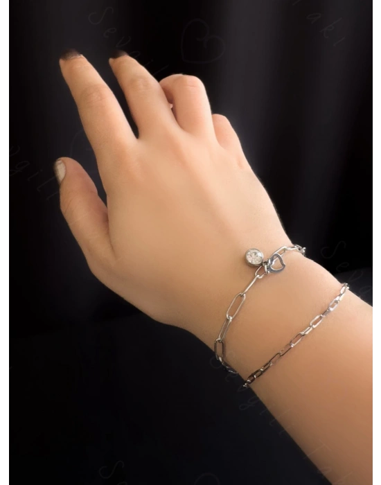 Kalpli ve Zirkon Taşlı Charmlı İkili Çelik Bileklik | Yaz Serisi