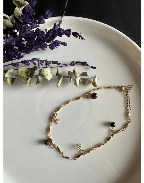 Kaplangözü Doğal Taşlı Bar Zincirli Gold Çelik Halhal | Güven Serisi