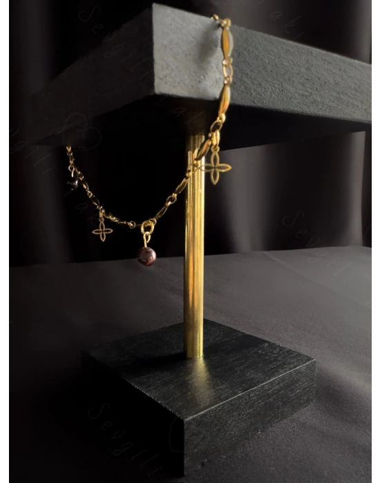 Kaplangözü Doğal Taşlı Bar Zincirli Gold Çelik Halhal | Güven Serisi