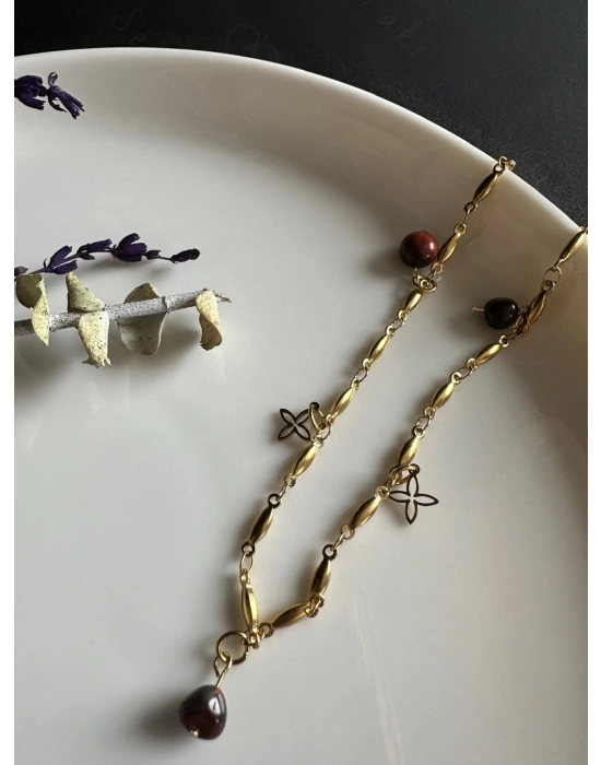 Kaplangözü Doğal Taşlı Bar Zincirli Gold Çelik Halhal | Güven Serisi